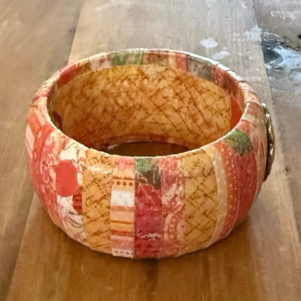 Vintage Decoupage‑Style Bangle • Multicolor Stripes & Floral Medallion - Picture 7 of 9